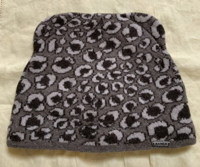 Kamea Black/Gray Leopard Wool-blend Beanie Hat w/ Cat Ears,Sz M,Made In Poland