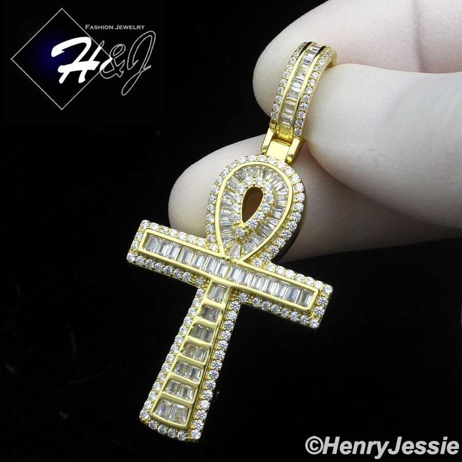 MEN 925 STERLING SILVER ICY BAGUETTE CZ GOLD PLATED ANKH KEY CROSS  PENDANT*GP453