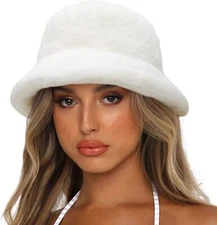 Sydbecs Winter Bucket Hat Fluffy Faux Fur Fisherman Cap for One Size, White 