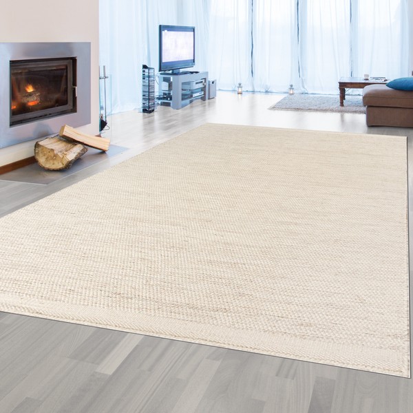 Handgewebter Wollteppich In Edlem Creme-Beige FüR Wohnzimmer Oder Schlafzimmer-image