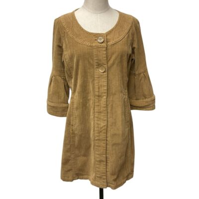 LAL Women's Corduroy Button Front Dress with Bell Sleeve Camel Brown Size M
