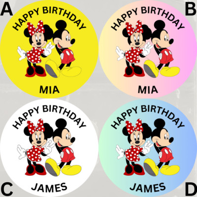 70 Personalised Custom Party Bag Stickers, Birthday Mickey Mouse 37mm Labels  