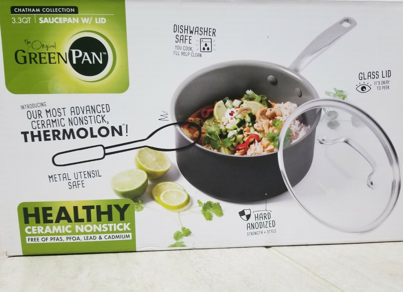 GreenPan Thermolon 3.3 qt Chatham Collection Saucepan With Lid Ceramic