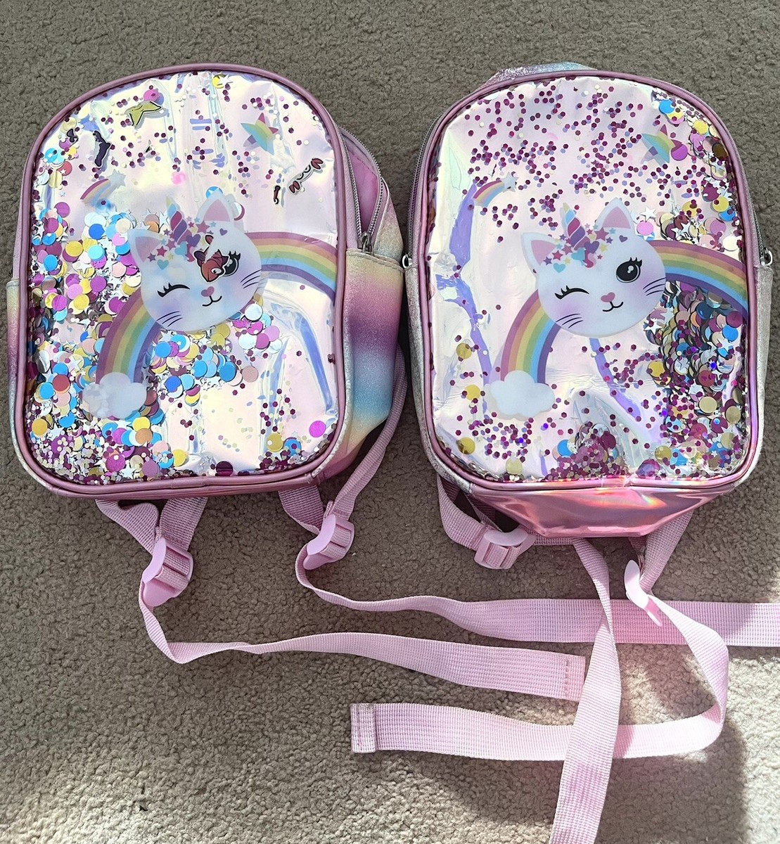 Girls Pink Rainbow Cat Unicorn Glitter Sparkly Backpack/rucksack