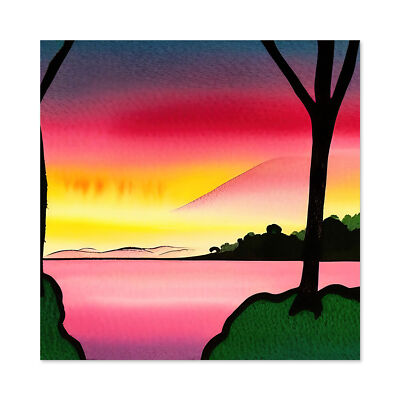 Sunset Lake Landscape Watercolour Loch Wall Art Canvas Print Picture 24X24