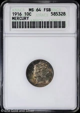 1916 10C Mercury Dime ANACS MS 64 FSB | Soap Box Holder