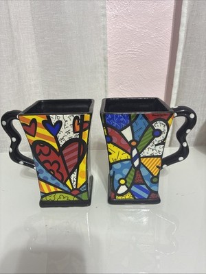 ROMERO BRITTO BUTTERFLY SQUARE 2 MUG 12 OZ   POP ART VINTAGE MINT 2008 GIFTCRAFT