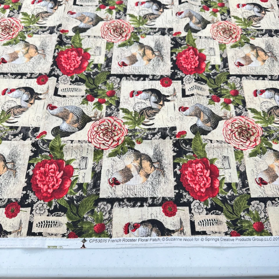 springs creative fabric quilting cotton green red rooster roses 43x69 1.9 yard - Image 4 of 4
