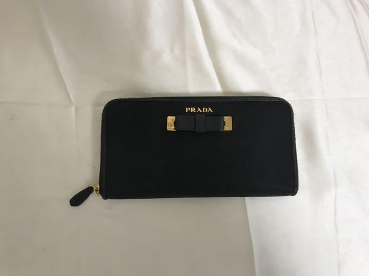 Prada Black Nylon Ribbon Round Zip Wallet w/ Logo