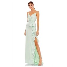 Mac Duggal Green Satin Ruffled Sleevless Prom Maxi Gown Dress Size 2 67815 NEW