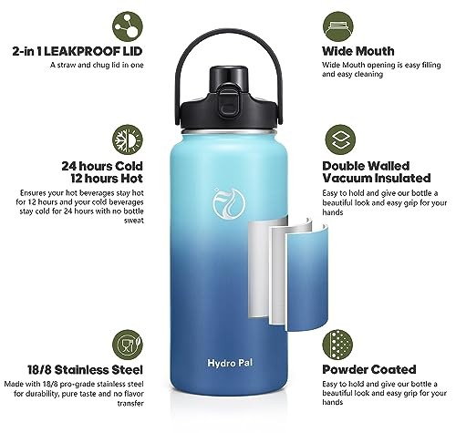 HYDROPAL 40 oz Insulated Water Bottle, 2-in-1 Lid, Thermos, HDP3064 - BLUE WAVE - Picture 4 of 5