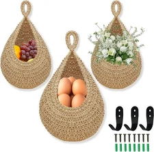 Hanging Fruit Basket for Kitchen, 3 Pack Wall Hanging Fruit Baskets with 3 Hooks