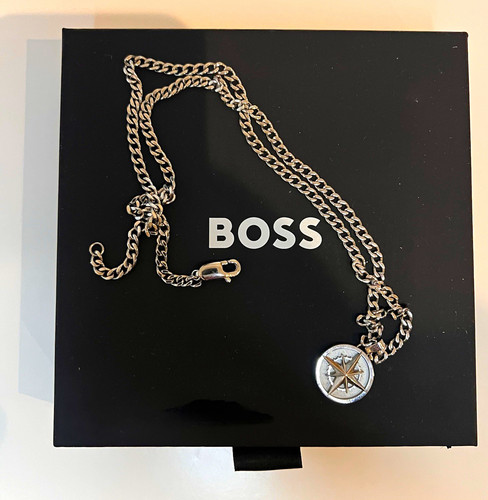 BOSS Men's Silver Stainless Steel Curb Chain Necklace Round Charm Pendant
