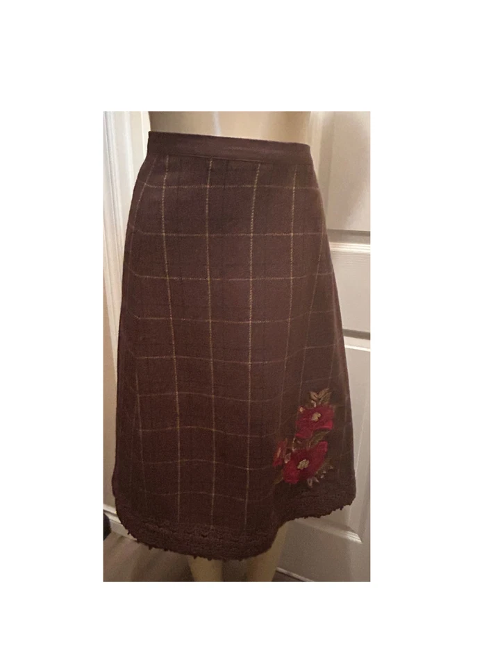 DE COLECCIÓN FALDA DE MEZCLA DE LANA DE ABRIL CORNELL MARRÓN A CUADROS HERMOSA BORDADO FLORAL XL Foto 3 de 4