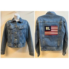 VNTG 90s Ralph Lauren Polo Jeans Co denim jacket USA flag patch SPELLOUT Sz Smal