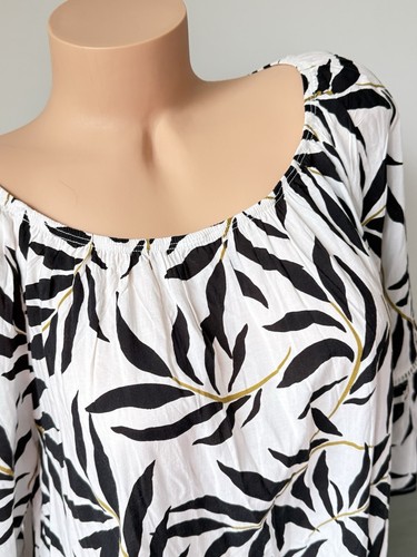 Fever Top L Black White Coastal Palm 3/4 Bell Flutter Sleeve Off Shoulder Womens - Bild 2 von 10