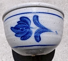 Vtg 'Rowe Pottery Works' Cobalt Blue Floral Bowl Salt Glaze 1985 Brown Glaze 10"