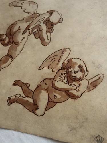 OLD MASTER, ORIGINAL INK DRAWING, PUTTI, HANDMADE PAPER LAID, ITALIAN SCHOOL. - Picture 3 of 10