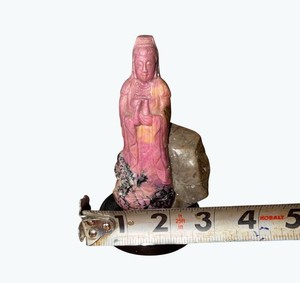 Pink Stone Carved Buddha Figurine On Black Base 4 In Tall