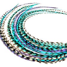 Feather Hair Extensions 50pc Real Rooster Feathers 9"-14" length Purp/Turq/grizz