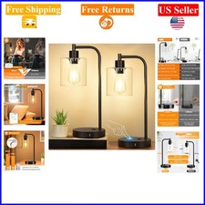 Set of 2 Black Industrial Touch Table Lamps with USB  AC Outlet, Dimmable