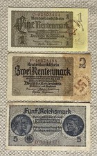 RARE 1937 German 1 & 2 Rentenmark Notes with Stamps & 5 Reichmark Note