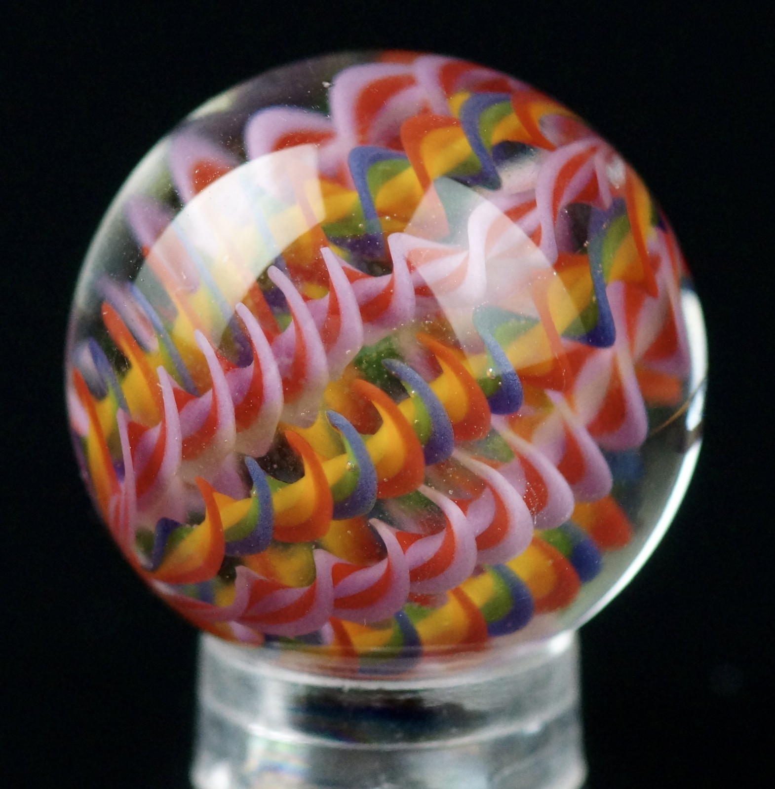 Bryan Trillas Glass Marble/Filigree Cane/ UV Reactive/ Pink Rainbow / 0.8-0.9 in