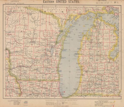 Map Of Wisconsin & Lake Michigan USA 1892 Vintage Historic Map Poster Print