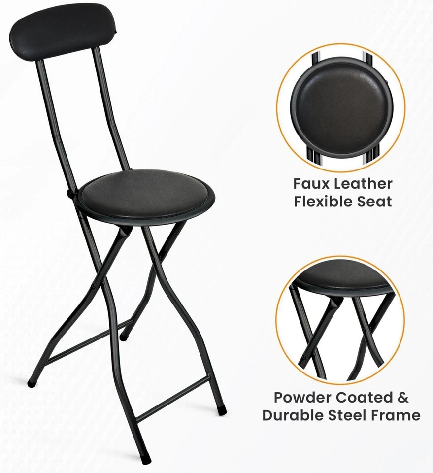 HIGH BACK FOLDING BAR STOOL BLACK PADDED BREAKFAST BAR STOOL ROUND FOLDABLE - Image 2 of 4