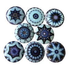 Set of 8 Indigo Blue Mandala Print Wood Cabinet Knobs Drawer Pulls
