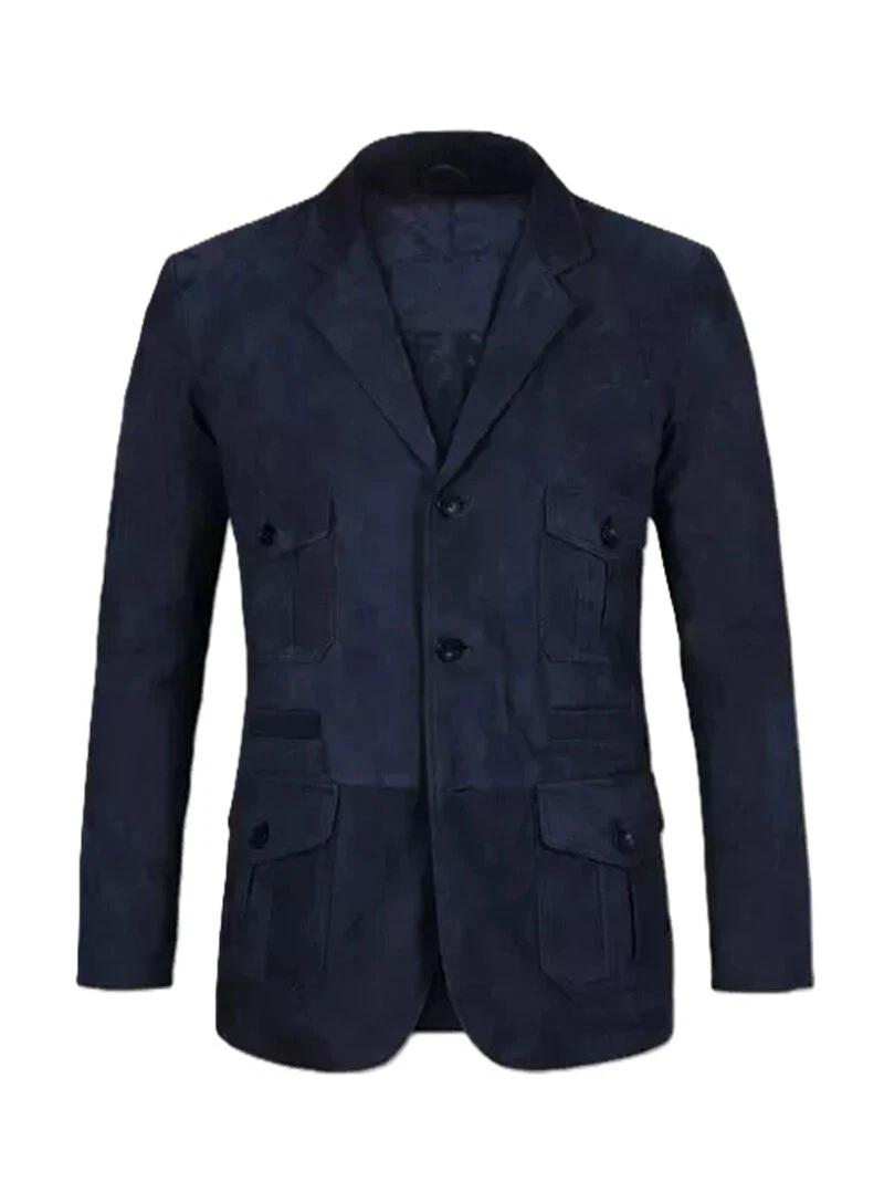 Men Stylish Navy Blue Pure Suede Blazer 3 Button Suit Real Leather Handmade Coat