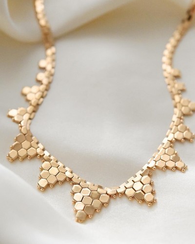 4-17mm 14kYellow Gold Vintage Honeycomb Link Flexible 16in Choker Necklace - Picture 3 of 9