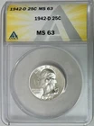 1942-D Silver Washington Quarter, ANACS MS-63, Blast White!