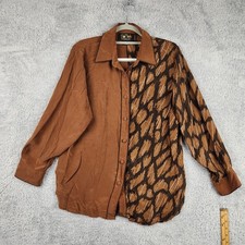 Vintage Bob Mackie Wearable Art Blouse Womens Medium Brown Animal Print Silk 90s