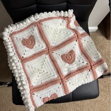 Handmade Crochet Granny Square Baby Blanket Heart Motifs White Pink