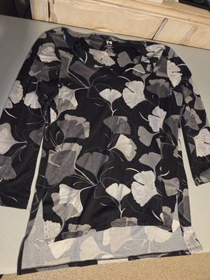 Natori Studio N Ginkgo Leaf Print V Neck LS Tunic Top Sz L Boho Nature Botanical