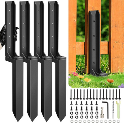 4 Pcs Fence Post Repair Kit, Heavy Duty Fence Post Anchor Ground Stakes for Repa