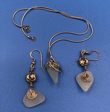 Jewelry Set handmade artisan NECKLACE EARRINGS Sterling Silver sea beach glass