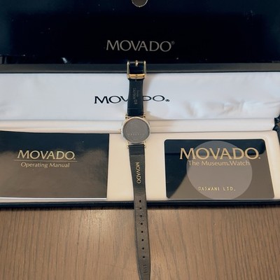 Movado Museum Watch Quartz Gold Stainless Steel Black Leather w/Box