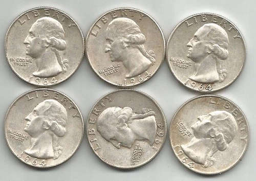 LOT OF 6 NICE SILVER WASHINGTON QUARTERS (1964) - $1.50 FACE VALUE - TAKE A L@@K