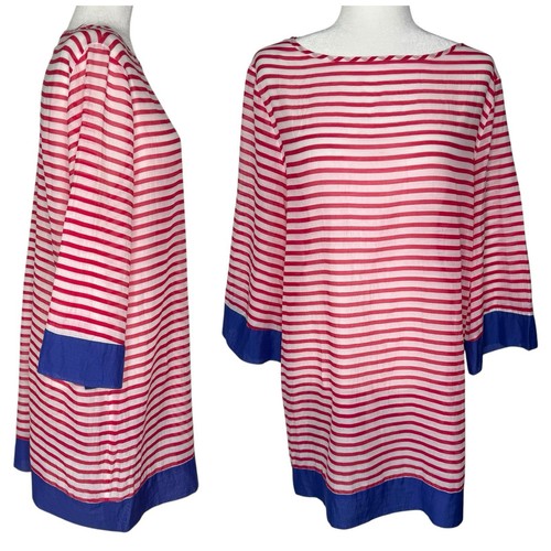 Talbots M Breton Stripe Sheer Top Oversized Cover Shirt Nautical Preppy Tunic