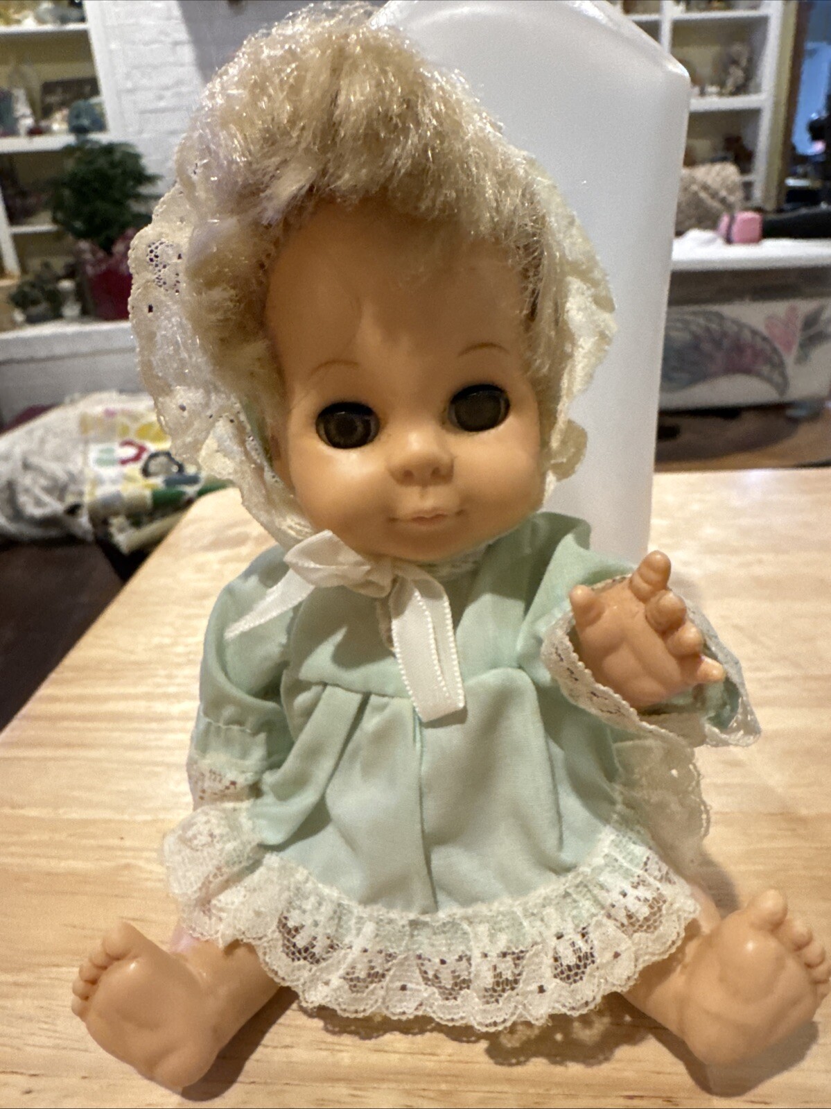 Vintage 1980s Blonde Hair Dark Eyes Blue Dress Doll with Moveable Limbs