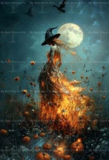 WITCH FIERY DRESS ART PRINT, Halloween Decor, Witchy Poster, Gothic Moon E477