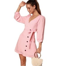 LULU’S sz Large Dress “Sweetie” Long Sleeves Buttons V Neck Bow Detail Pink