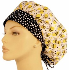 Surgical Chemo Banded Bouffant Scrub Cap - Buzzing bees with hearts on band 214