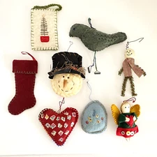 8 Rustic Christmas Ornaments Cloth Farmhouse Country Snowman Heart Vintage