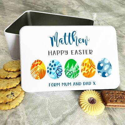 Frohe Ostern Eier blau grün personalisiert Geschenk Kuchen Kekse Süßigkeiten Leckerli Dose