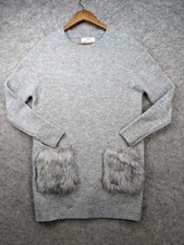 Magaschoni Dress Womens Small Gray Sweater Stretch Knit Faux Fur Pockets Mini