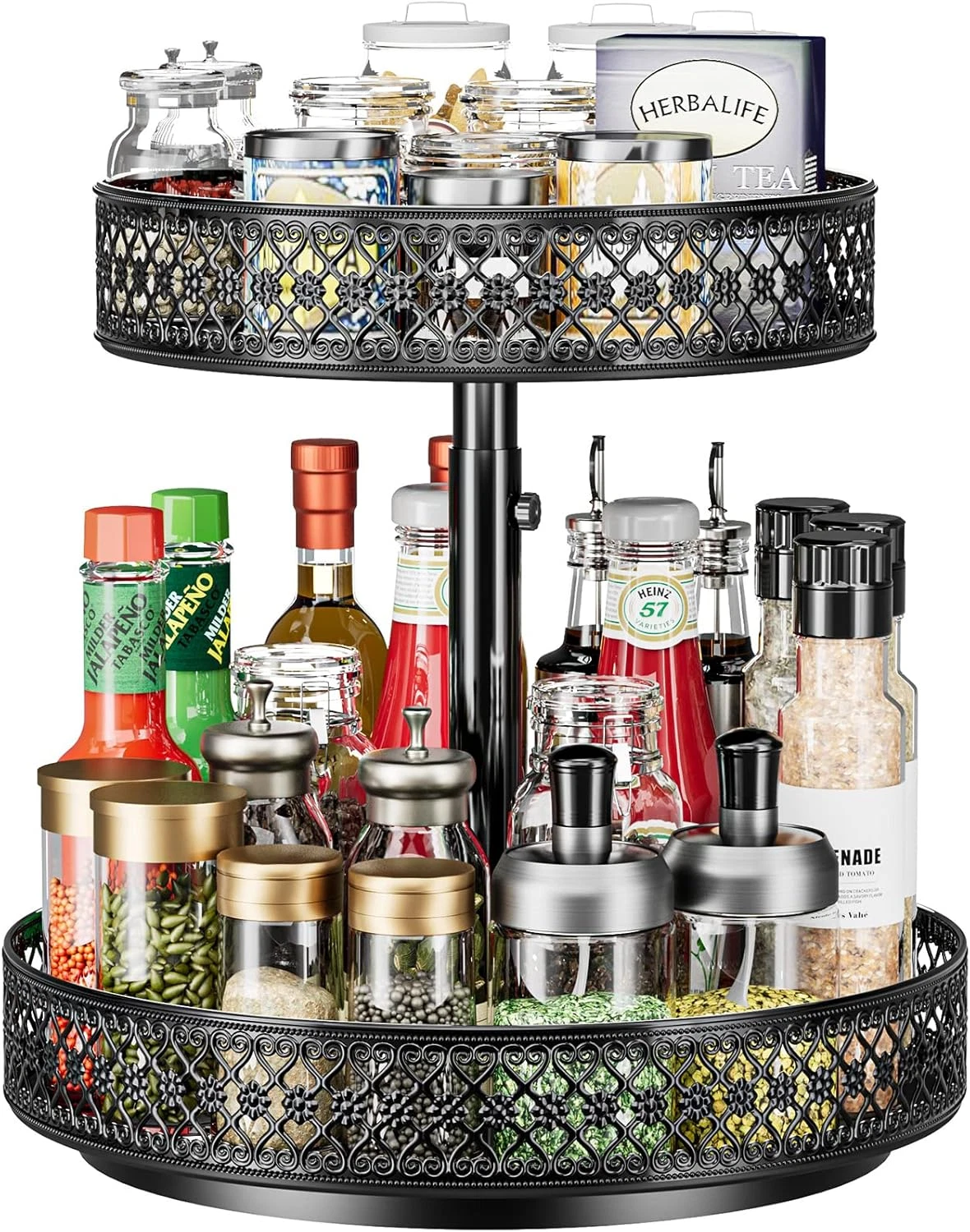 Lazy Susan Organizer 2 Tier - Turntable Spice Rack 12 Inch Adjustable Metal