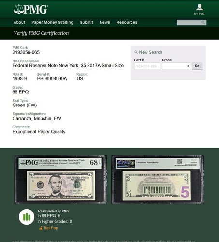 2017A $5 Federal Reserve Note PMG 68EPQ - Top Pop - Fancy Rollover Serial Number - Picture 2 of 6